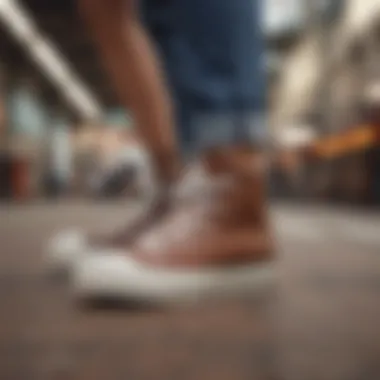 Trendsetting outfits featuring brown and white platform Converse in urban settings