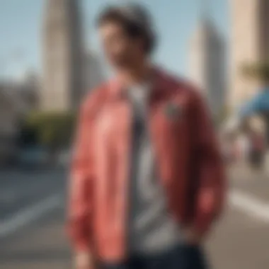 A stylish coach jacket worn by a skateboarder in an urban setting