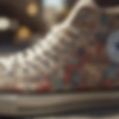 Close-up of customized Converse shoes with unique patterns