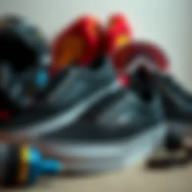 Custom Black Vans with Skate Gear Stylish arrangement of custom black Vans and skate gear