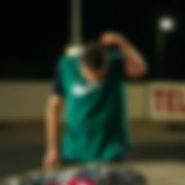 Dark Green Nike Shirt in Skateboarding Context Dark green Nike shirt styled within a skateboarding environment
