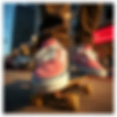 Dusty Rose Vans in an Urban Skate Scene Dusty rose Vans on a skateboard in an urban setting