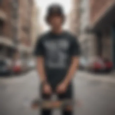 A skateboarder wearing a stylish graphic t-shirt in an urban setting