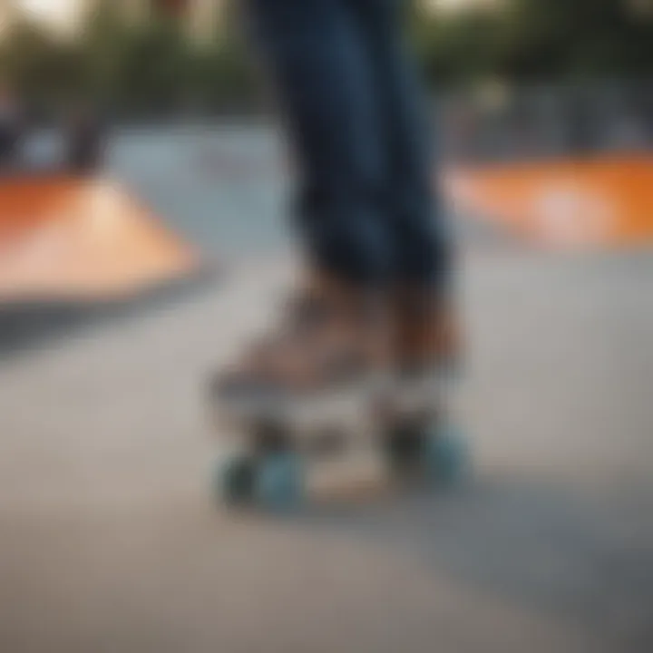 Dynamic action shot of Heelys in use on a skate park