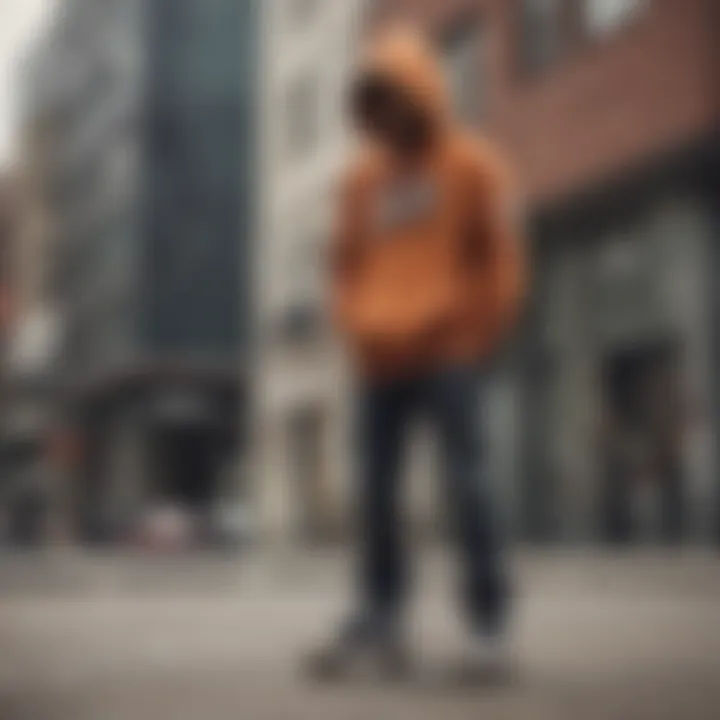 A skateboarder wearing a unique hoodie during an urban skate session