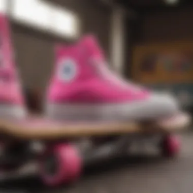 Artistic arrangement of hot pink platform Converse and skateboard gear