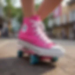 Vibrant hot pink platform Converse on a skateboard