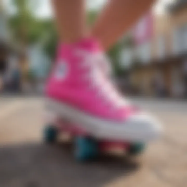 Vibrant hot pink platform Converse on a skateboard