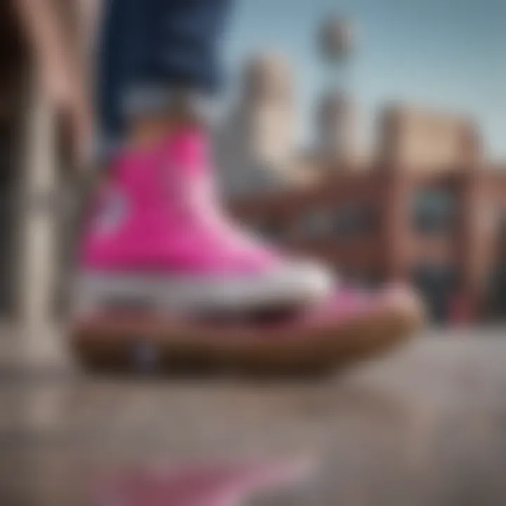 Close-up of hot pink platform Converse with urban backdrop