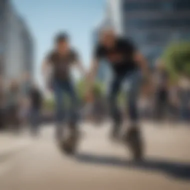 Group of enthusiasts enjoying Orbitwheel skating in an urban environment