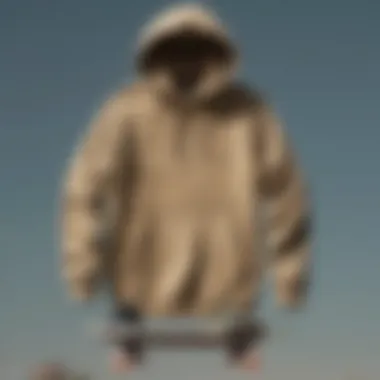 Various styles of khaki hoodies arranged creatively on a skateboard.