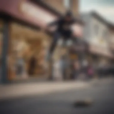 A skateboarder performing tricks in front of a popular local shop