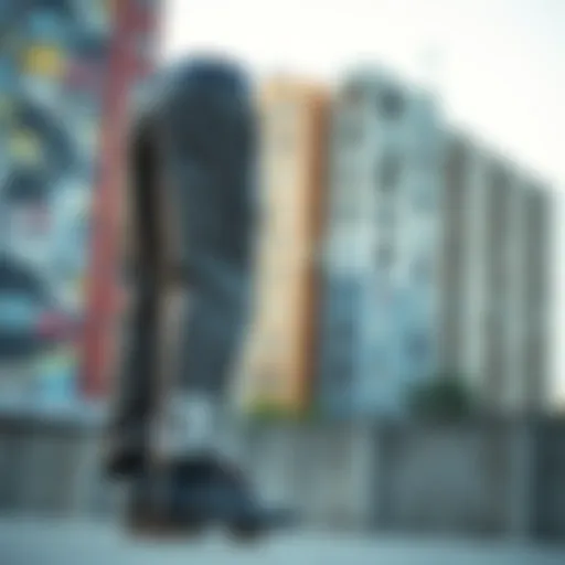 Loose-Fitting Skate Pants in Urban Setting A pair of loose-fitting skate pants displayed against a vibrant urban backdrop
