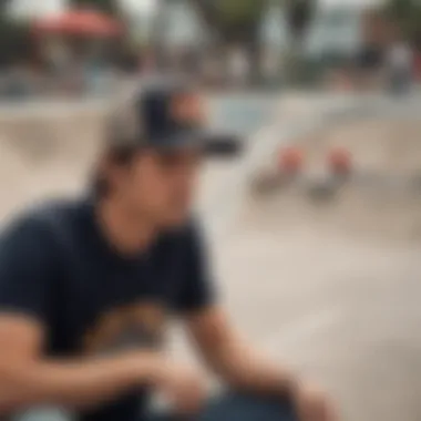 A skateboarder wearing a trucker hat in an urban skate park setting