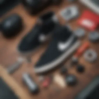 Flat Lay of Nike Blazer Mid PRM with Skate Gear Stylish flat lay of Nike Blazer Mid PRM with complementary skate gear