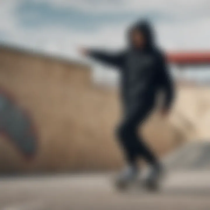 Skateboarder in motion wearing the Nike oversized zip-up hoodie