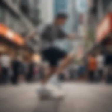 Diverse group of skaters wearing Nike Tokyo shoes in an urban environment