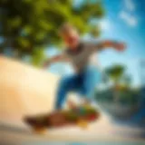 Dynamic Skateboarding with Oakley Sutro Lenses Skateboarder wearing Oakley Sutro polarized lenses in a vibrant skate park setting.