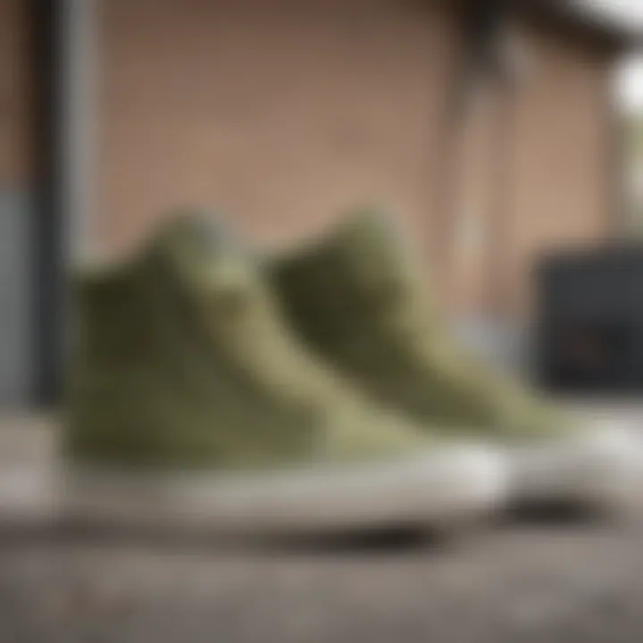 Close-up of olive green hi-top Vans showcasing unique design elements