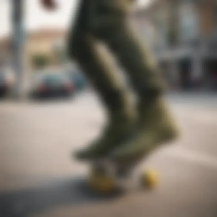 Skater performing a trick wearing olive green hi-top Vans