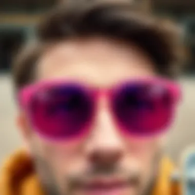 Detailed View of Unique Pink Sunglasses Design A close-up of pink sunglasses featuring unique design elements