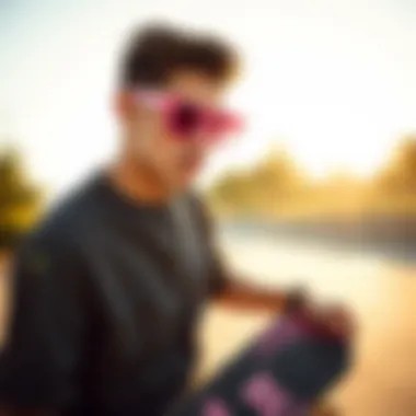 Skateboarding Culture and Pink Sunglasses A skateboarder wearing pink sunglasses outdoors