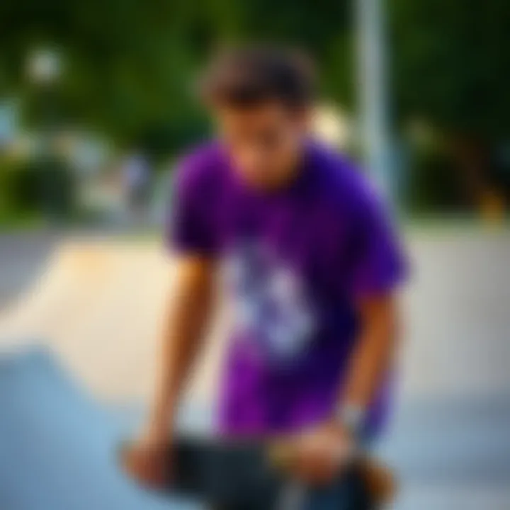 Fashion Meets Function in Skate Culture Skateboarder wearing a stylish purple graphic shirt