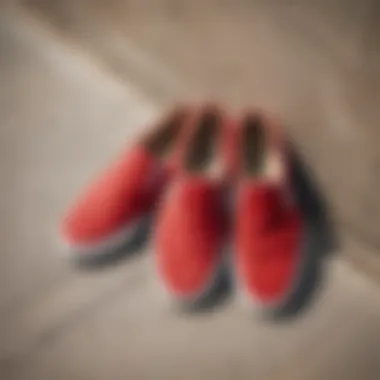 A collection of red suede Vans slip-ons displayed in a trendy urban setting