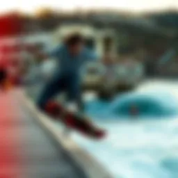 Dynamic skateboarder performing a trick on a coastal boardwalk
