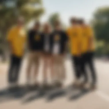 A group of skateboarders gathered in a park, all sporting yellow-lensed shades, symbolizing the unity and culture of skateboarding.