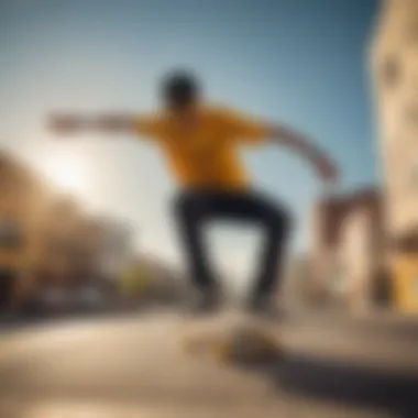 Skateboarder in Action with Yellow Lenses A skateboarder performing an impressive trick in a vibrant urban setting, wearing yellow-lensed shades that enhance their style.