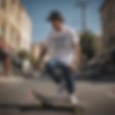 Skateboarder showcasing a shorty t-shirt in action