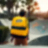 A vibrant yellow Vans backpack against a skateboard park backdrop