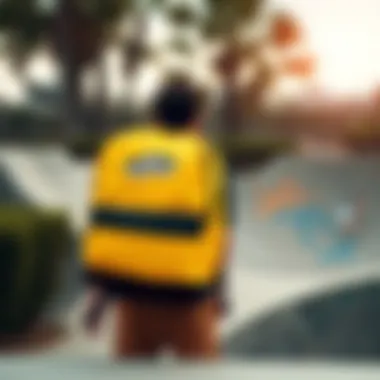 Yellow Vans Backpack in Action A vibrant yellow Vans backpack against a skateboard park backdrop