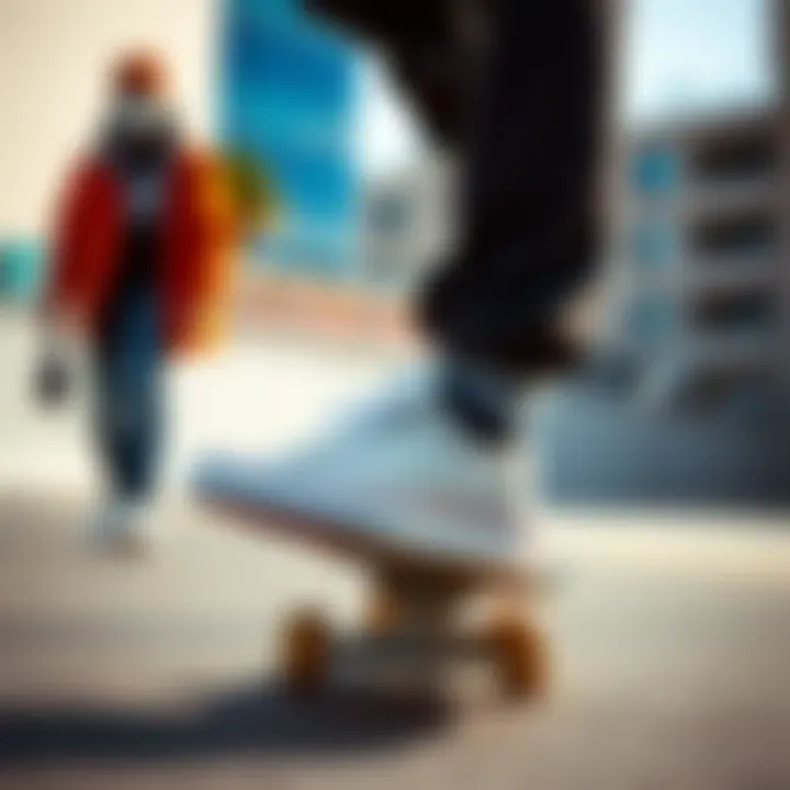 A stylish skateboarder wearing Size 12 White Vans in an urban environment, demonstrating their practical use.