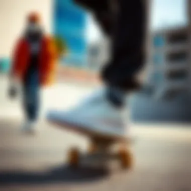 White Vans in Action: Skateboarding Style A stylish skateboarder wearing Size 12 White Vans in an urban environment, demonstrating their practical use.