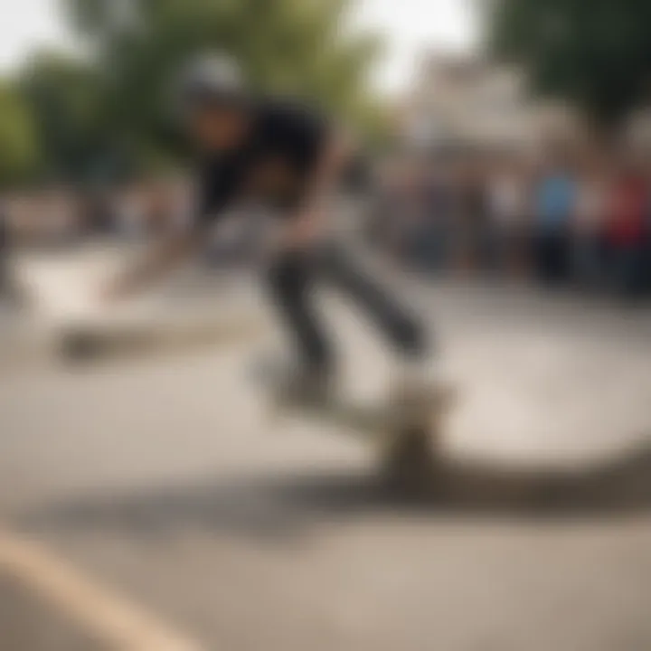 A vibrant skate park scene where skateboarders utilize jam plugs, capturing the culture and energy.