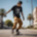 A skateboarder showcasing a blend of comfort and style with baggy pants and graphic tee