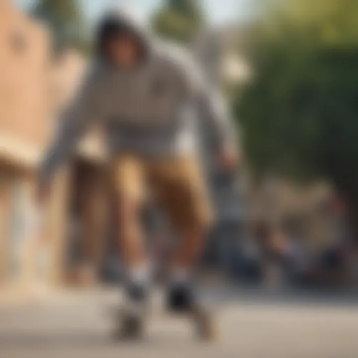 Skateboarder wearing a hooded sweatshirt and cargo shorts