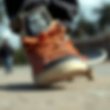 A close-up view of a skateboard shoe showcasing its unique design and materials.