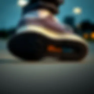 A skateboard shoe demonstrating its grip and sole durability on a smooth surface.