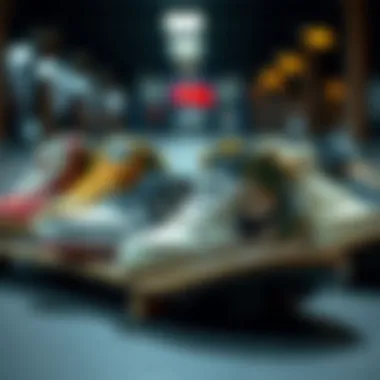 An array of skate shoes in various colors and styles displayed on a skateboard.