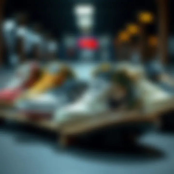 An array of skate shoes in various colors and styles displayed on a skateboard.