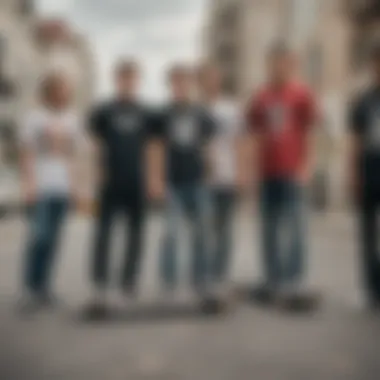 A group of friends wearing unique graphic tees while skateboarding in an urban setting