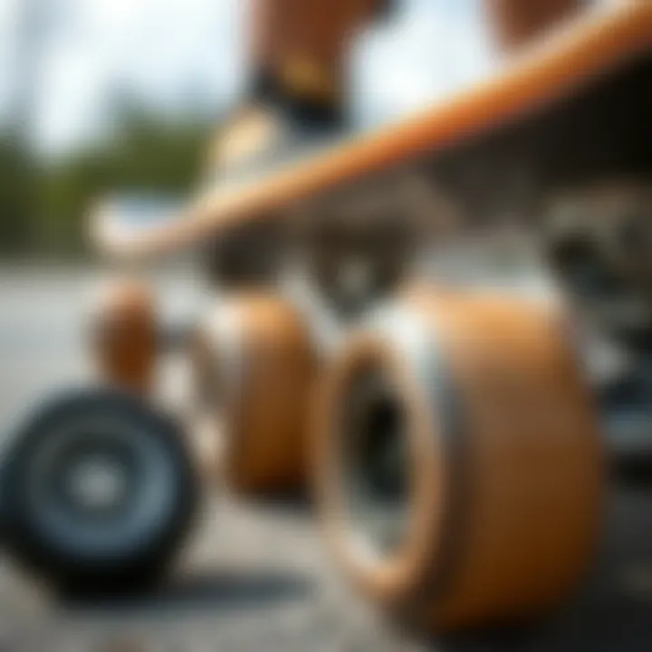 Skateboard Wheels: Material and Size Overview Close-up of skateboard wheels emphasizing material and size
