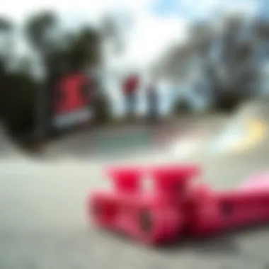 Pink Champion Sliders at a Skate Park Pink Champion sliders in a skate park setting