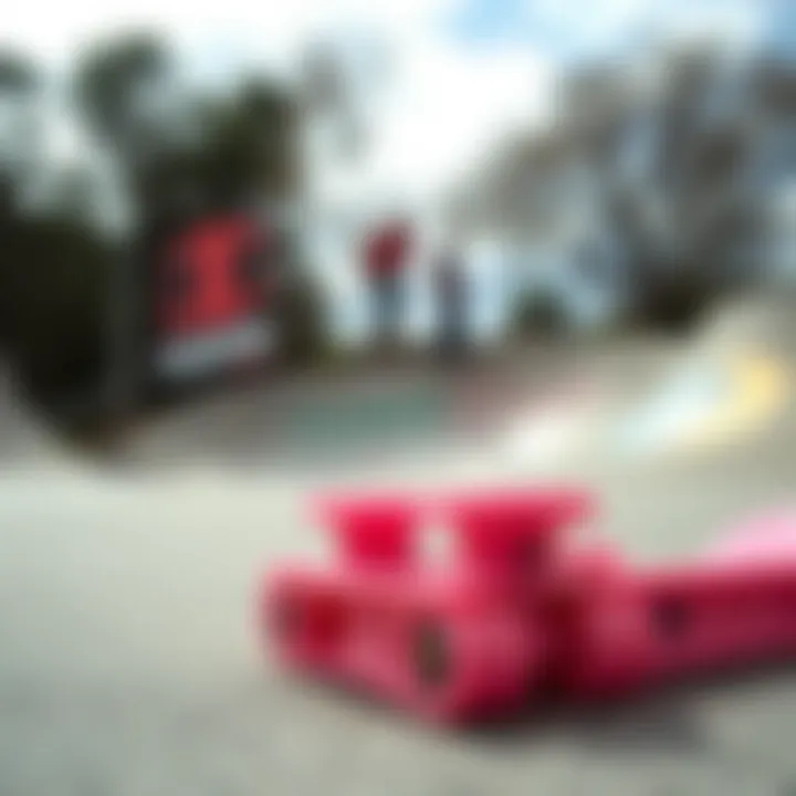 Pink Champion Sliders at a Skate Park Pink Champion sliders in a skate park setting