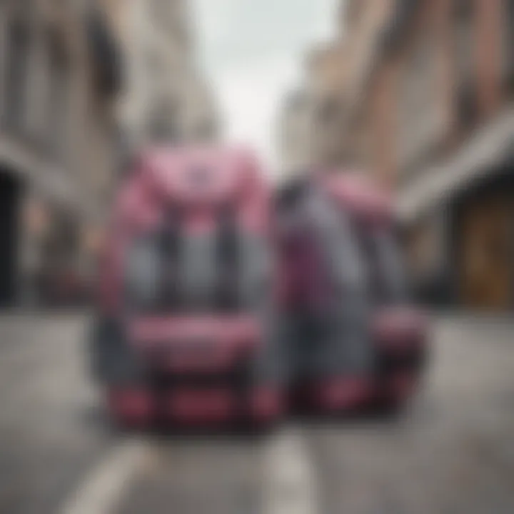 Stylish grey and pink backpack against an urban backdrop