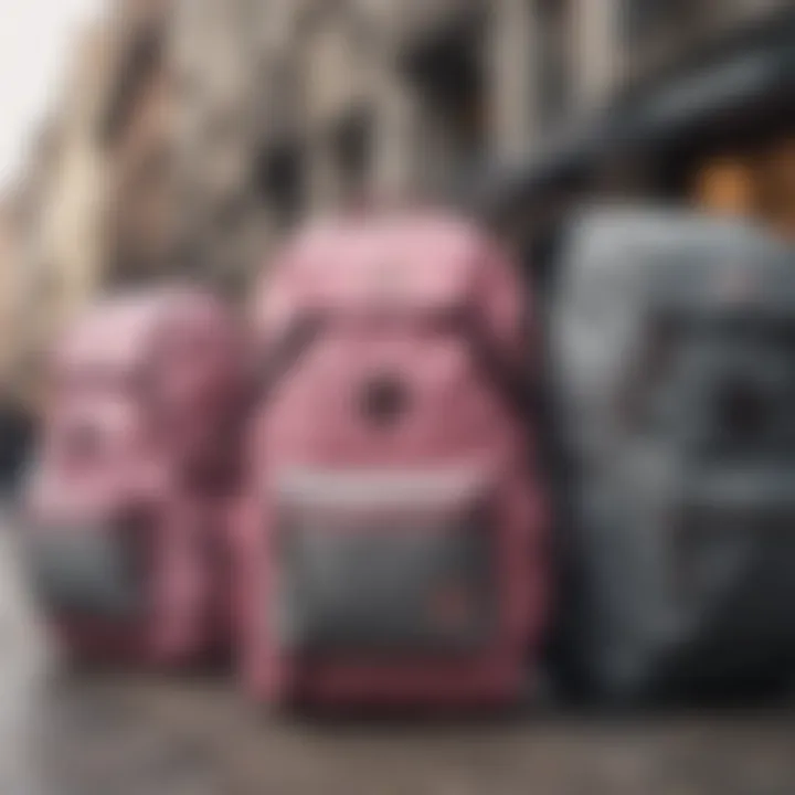 Variety of grey and pink backpacks displayed in a stylish setting