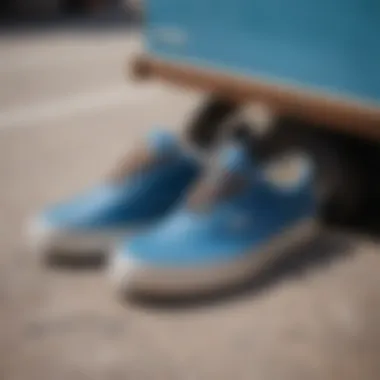 A close-up view of blue Vans showcasing their unique design elements